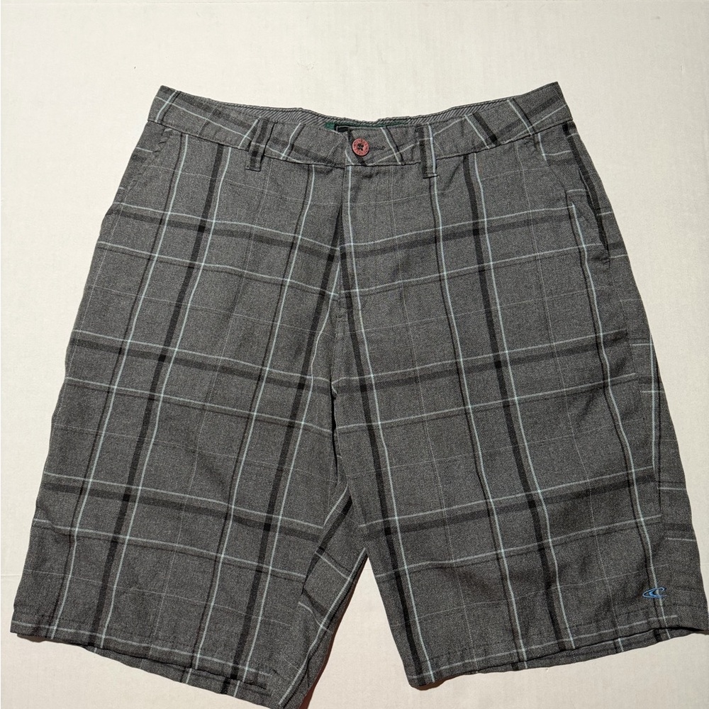 o'neill sk8 board shorts, grey plaid, zip‎ fly, men's 36